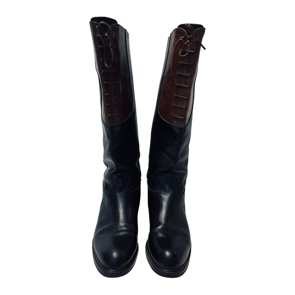Joan & David Riding Boots 38 Black Brown Leather Lace Up Tall Italy Equestrian
